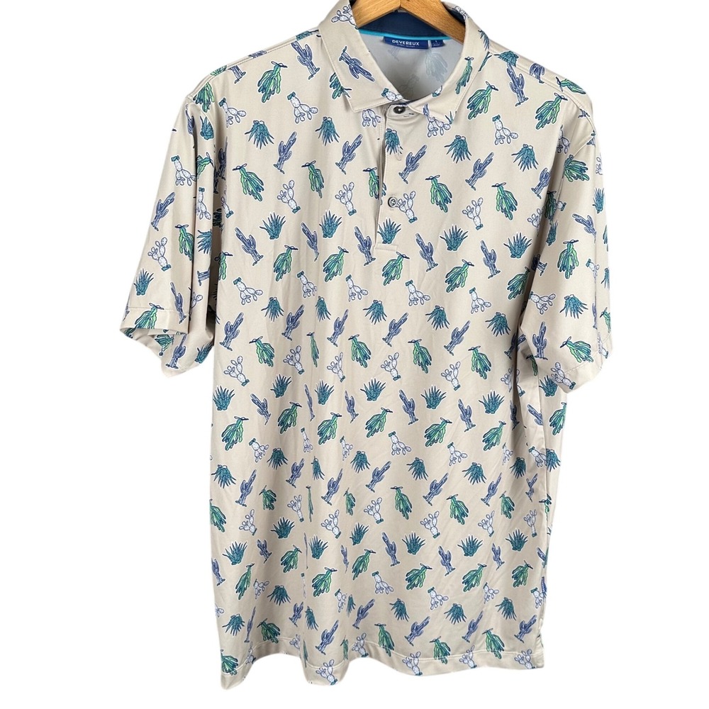 Devereux Mens Cactus Print Golf Polo Shirt Tan Blue Green Size Large L RN141369